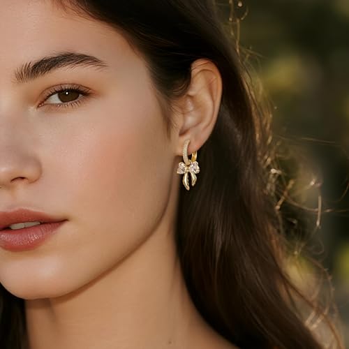 Sonateomber Gold Silver Small Hoop Dangle Earrings for Women, Trendy Dainty Rhinestone CZ Dangling Prom Wedding Leaf Flower Snowflake Butterfly Starfish Fashion Jewelry Gift - color: Gold Bow
