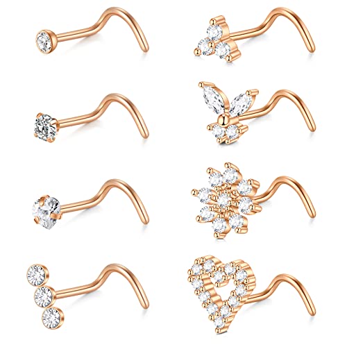 Briana Williams Nose Studs Nose Rings for Women 18G 20G Corkscrew Nose Ring Stainless Steel Nose Screw Studs Nose Rings Studs Surgical Steel Nostril Nose Piercing Jewelry - color: B -18g, rose gold