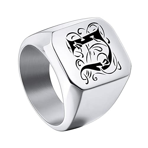 INBLUE Personalized Engraved Initial Monogram Signet Rings for Man Women Stainless Steel Rings Customize Jewelry with Ring Size Adjuster - color: Silver: Initial