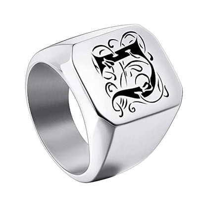 INBLUE Personalized Engraved Initial Monogram Signet Rings for Man Women Stainless Steel Rings Customize Jewelry with Ring Size Adjuster - color: Silver: Initial