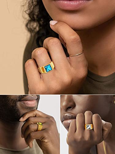 KeyStyle Square Gemstone Signet Rings for Men, Personalized Stainless Steel Pinky Ring with Black Onxy Blue Topaz Birthstone Statement Ring - color: Gold - Custom Stone - 8mm