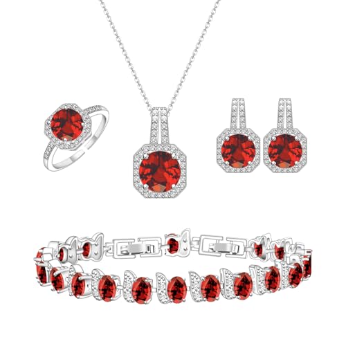GZWHD Jewelry Set for Women CZ Earrings Necklace Ring Bracelet Set Prom Party Wedding Jewelry Gift for Mother Friend Wife - color: D-Garnet