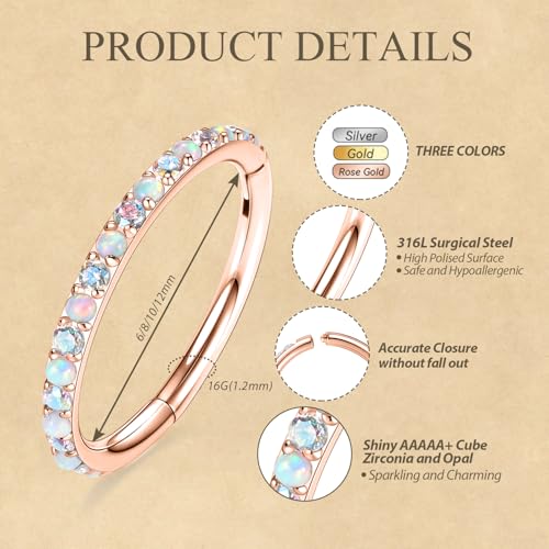 FUNLMO 20G 18G 16G 12G Nose Ring Hoop Conch Rook Daith Helix Tragus Piercing Jewelry 316L Surgical Steel Cartilage Earring Conch Hoop Earring Septum Jewelry Belly Lip Ring 5mm to 14mm - color: Rose gold-ab CZ&Opal, 1pc