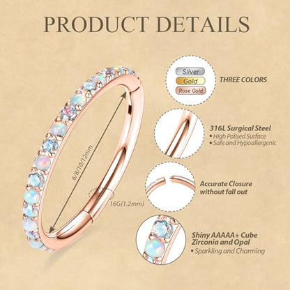 FUNLMO 20G 18G 16G 12G Nose Ring Hoop Conch Rook Daith Helix Tragus Piercing Jewelry 316L Surgical Steel Cartilage Earring Conch Hoop Earring Septum Jewelry Belly Lip Ring 5mm to 14mm - color: Rose gold-ab CZ&Opal, 1pc