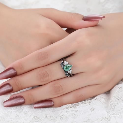 Moss Agate Bridal Wedding Rings Set for Women 925 Sterling Silver | Plated Platinum/Black Gold, Gothic, Vintage, Engagement Promise Ring, Anniversary Valentine Day Birthday Gift for Her - style: Black Gold Plating Open Ring