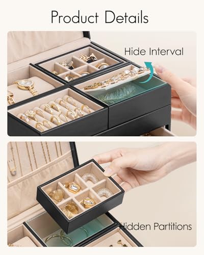 VLANDO Jewelry Box,4-Layer Design with Retractable Tray and 2 Drawers, Black - color: E.Black, size: 4-Layer