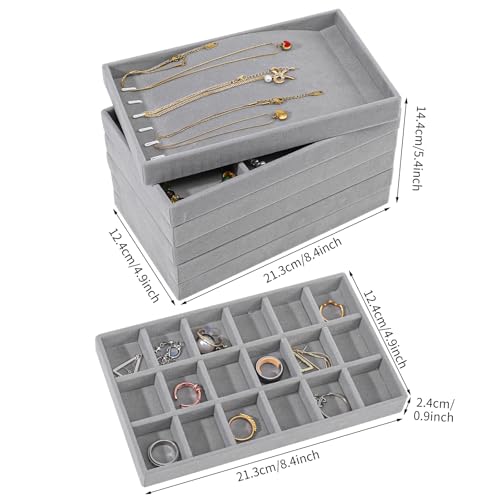 Stackable Jewelry Organizer Trays, 6-Piece Velvet Set, Gray | Removable Dividers, Soft Velvet Lining, Stackable Drawer Trays For Earrings, Rings, Bracelets And Necklaces - color: Gray