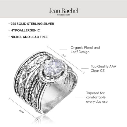 JEAN RACHEL JEWELRY 925 Sterling Silver Ring - Wide Multi Strand Floral & Leaves with Cubic Zirconia Vintage Design - Hypoallergenic, Lead & Nickel Free - Artisan Handcrafted Statement Rings for Women