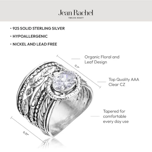 JEAN RACHEL JEWELRY 925 Sterling Silver Ring - Wide Multi Strand Floral & Leaves with Cubic Zirconia Vintage Design - Hypoallergenic, Lead & Nickel Free - Artisan Handcrafted Statement Rings for Women
