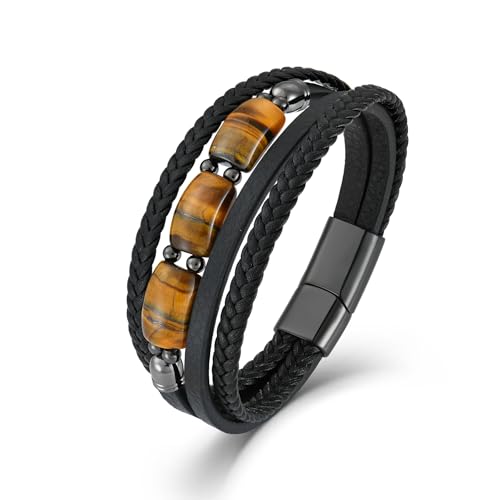 Mens Tiger Eye Leather Bracelet, Natural Tiger Eye Stone Multi-Layer Braided Cuff Bracelets for Men, Stainless Steel with Buckle Memorial Bangle Gifts for Him - color: Black3