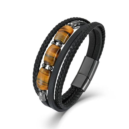 Mens Tiger Eye Leather Bracelet, Natural Tiger Eye Stone Multi-Layer Braided Cuff Bracelets for Men, Stainless Steel with Buckle Memorial Bangle Gifts for Him - color: Black3