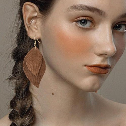 Genuine Leather Handmade Fringe Feather Lightweight Dangle Drop Earrings Teardrop Tassel Hook Earrings for Women - style: 13 Brown