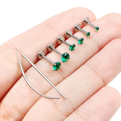 F136 Titanium 20/18/16G Earrings Nose Lip Rings Medusa Tragus Cartilage Helix Labret Flat Back Threadless Implant Grade Stud Piercing Jewelry for Women - color: Green CZ, size: 18g*6/7/8mm*2/3/4mm