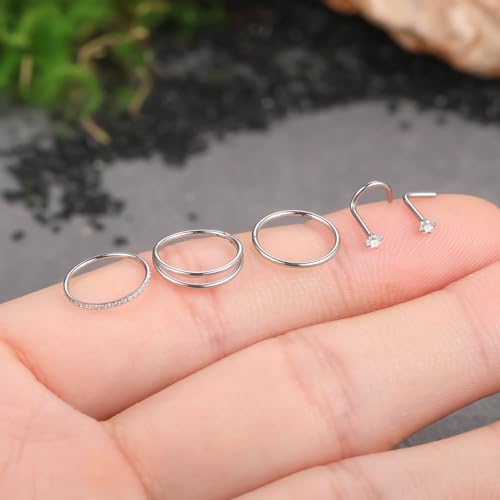 Xpircn 5pcs Hoop Nose Rings and L Shaped Nose Rings Stud Set 18G/20G Stainless Steel CZ Helix Conch Daith Tragus Cartilage Hoop Earrings for Women 6mm 7mm 8mm 10mm - color: Silver, size: 20G, 10mm hoop & 7mm studs