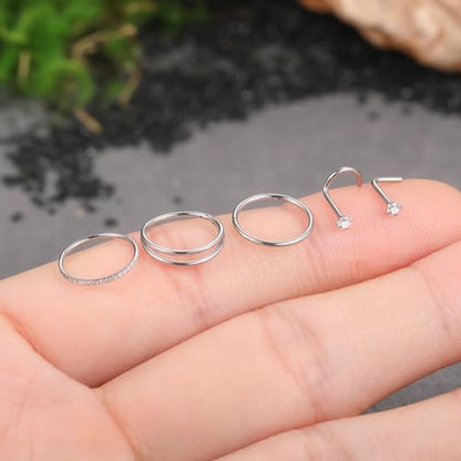 Xpircn 5pcs Hoop Nose Rings and L Shaped Nose Rings Stud Set 18G/20G Stainless Steel CZ Helix Conch Daith Tragus Cartilage Hoop Earrings for Women 6mm 7mm 8mm 10mm - color: Silver, size: 20G, 10mm hoop & 7mm studs
