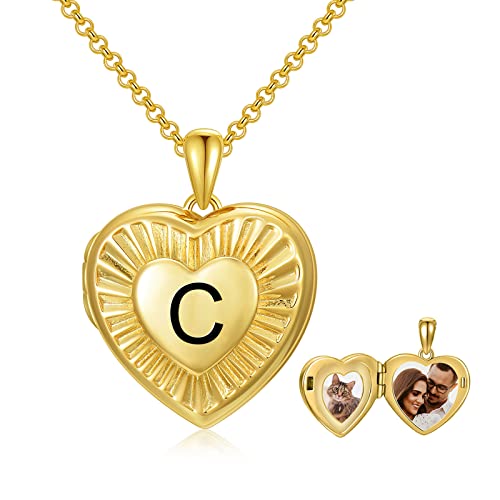 SOULMEET 10K 14K 18K Solid Yellow Gold/Plated Gold Locket Radiation Initial Heart Locket Necklace that Holds Pictures Personalized Photo Locket Necklace Alphabet A-Z - style: C-locket+photo