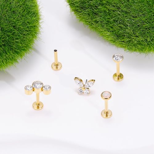 NICEIGHT 4Pcs 16G G23 Titanium Threadless Push in Labret Monroe Studs Lip Rings Hypoallergenic Cartilage Stud Earrings for Sensitive Ear Flat Back Stud Helix Tragus Conch Piercing Jewelry 6/8/10MM - color: Gold, size: 6MM
