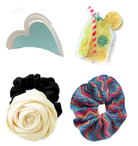 4 Piece Hair Accessories Set Satin 3D Rose Scrunchies Hair Scrunchies Heart Claw Clip and Drink Shape Claw Clip - color: 57