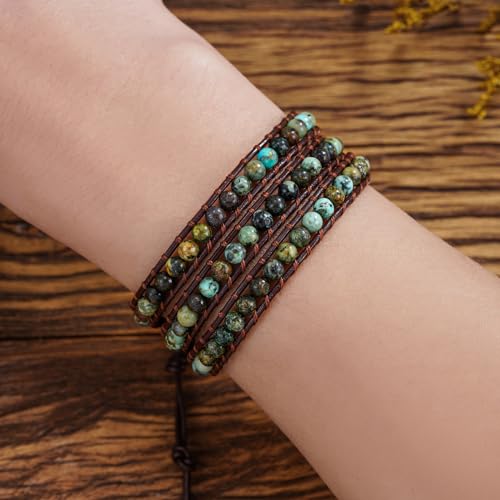 Plumiss Women Boho Handmade Natural Stone Crystal Leather Bead Wrap Bracelets Collection - style: 4mm African Turquoise 3W