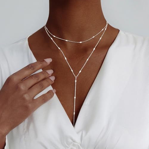 Luxval Lariat Silver Necklace for Women, Dainty Long Necklace Silver Y-Shaped Pendant Necklaces Trendy Beaded Chain Drop Necklaces Jewelry for Women Gifts - color: Silver-Layered Shiny Necklace
