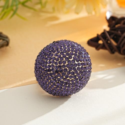 Gold Snowball Rhinestone Cocktail Ring – Adjustable Stretch Sparkling Party Jewelry for Women, Elegant Costume Ring for Evening Wear, Wedding, Prom - color: purple