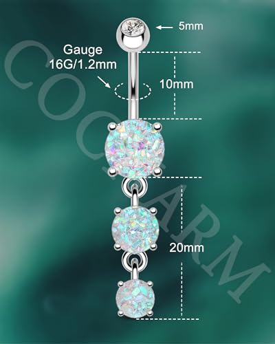 Cute Dangly Opal Belly Button Rings 14g 316L Stainless Steel Dangle Navel Rings for Women Belly Button Piercing Dangling Navel Bar - color: Silver-Mermaid Opal