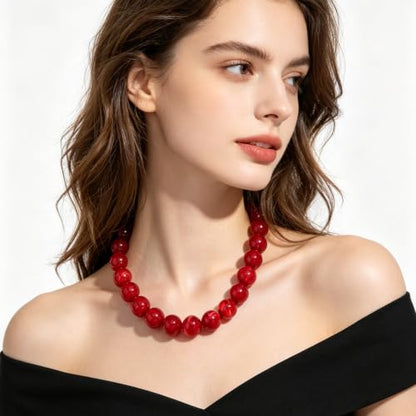 Chunky Beaded Necklace for Women Trendy Boho Collar Statement Necklace Large Round Resin Beads Choker Necklaces Summer Beach Jewelry Gifts - color: Red