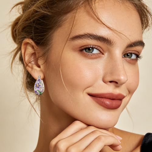 Floral Hoop Earrings 925 Sterling Silver with 14K Gold Plating – Lightweight CZ Flower Hoops | Hypoallergenic Jewelry for Women | Gift Box + Polishing Cloth - color: 22mm Iris earrings purple