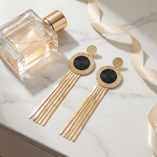 Black and Gold Earrings for Women,Geometric Statement Dangle Earrings with Long Snake Chain Tassel Pendant Earring - color: Gold-B