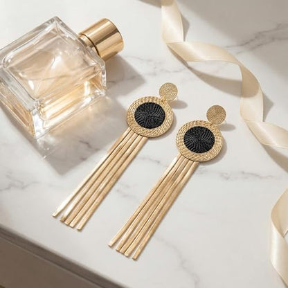Black and Gold Earrings for Women,Geometric Statement Dangle Earrings with Long Snake Chain Tassel Pendant Earring - color: Gold-B