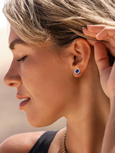 Suplight 925 Sterling Silver Birthstone Stud Earrings for Women, Round/Heart/Teardrop/Square Crystal Diamond Earrings for Women, Dainty Birthday Gifts Jewelry - color: style a-09. round-September(Created Sapphire)