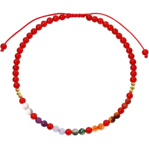 Colorful 7 Chakra Gemstones Beaded Anklet for Women Foot Jewelry | Adjustable 8.5-10 in, Ankle Bracelets for Women, Handmade, Positive Energy, Balance, Yoga, Meditation, Beach, Party, Vacation - style: Red Agate