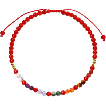 Colorful 7 Chakra Gemstones Beaded Anklet for Women Foot Jewelry | Adjustable 8.5-10 in, Ankle Bracelets for Women, Handmade, Positive Energy, Balance, Yoga, Meditation, Beach, Party, Vacation - style: Red Agate