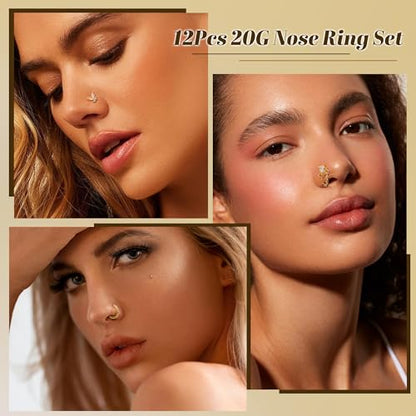 REVOLIA 12Pcs 20G Nose Ring Set 316L Stainless Steel Nose Rings Hoop for Women CZ L Shaped Studs Dangle Heart Butterfly Screw Nose Studs Cute Threadless Flat Back Nose Piercings Jewelry - color: Gold