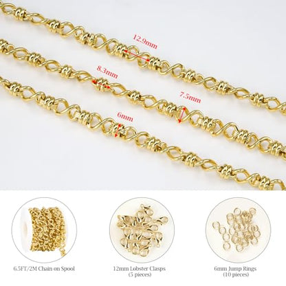 2 Meters Necklace Chains Bulk for Jewelry Making with Accessories | 18K Gold Plated Mixed Material Jewelry Making Supplies Charm Bracelet Making Chain Roll Twist Craft Chain Links - color: Twisted Gold