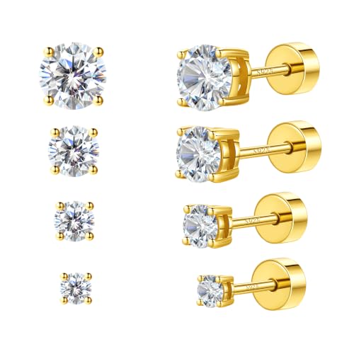 4 Pair Moissanite Stud Earrings,Flat Back Earrings for Women | 14K/White Gold Plated S925 Sterling Silver Flat Back Earrings Set, Hypoallergenic Cartilage Piercing Jewelry - color: 14K Gold