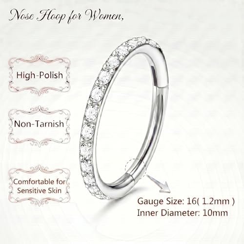 Staligue Nose Hoop ring - 316L Surgical Steel Nose Ring 16/18/20G Hinged Diamond Nose Ring Hoop Septum Clicker Rings Cartilage Earring Helix Rook Tragus Daith Piercing Jewelry for Women 6MM/8MM/10MM/12MM - color: Silver, size: 16G-10MM