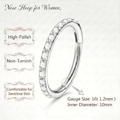 Staligue Nose Hoop ring - 316L Surgical Steel Nose Ring 16/18/20G Hinged Diamond Nose Ring Hoop Septum Clicker Rings Cartilage Earring Helix Rook Tragus Daith Piercing Jewelry for Women 6MM/8MM/10MM/12MM - color: Silver, size: 16G-10MM