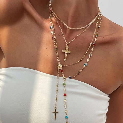 Frodete Gold Lariat Necklace for Women Long Gold Drop Necklace with Clear Beads Adjustable Y Necklace for Dresses Party Vacation - color: C1:cross long necklace