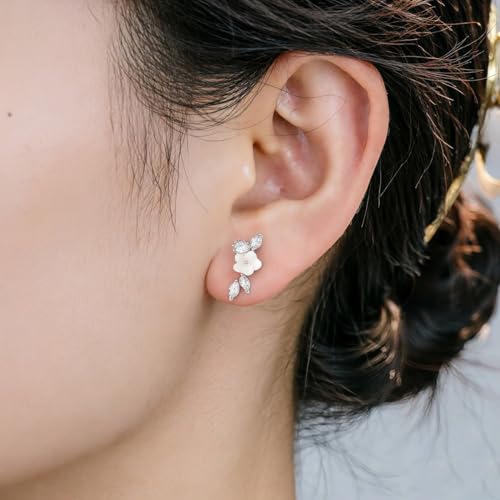Stainless Steel Flower Pearl CZ Ear Crawler Earrings for Women, 1 Pair 16G Mother of Pearl Cubic Zirconia Screw Back Flat Back Stud Earrings, Dainty Sparkly Hypoallergenic Jewelry for Sensitive Ears - color: Gold