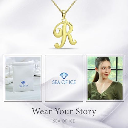 SEA OF ICE Letter Initial Necklace, Alphabet Letter Pendant Necklace, Sterling Silver, Gold, Rose Gold Necklace for Women, Elegant Initial Necklaces, Personalized Custom Women's Necklaces - color: Yellow Gold - R