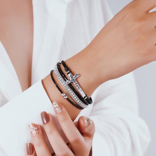 Boho Leather Wrap Bracelets Beaded Stackable Cuff Bracelet Country Concert Outfits Cowboy Cowgirl Western Jewelry Gifts for Women - color: Cross-Black