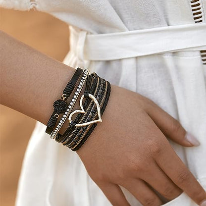 Fesciory Leather Wrap Bracelet for Women, Boho Western Layered Cuff Jewelry | Stackable Bracelets, Easy-On Clasp, Daily Wear, Pairs with Boho Western Outfits, Gift for Women - color: Black1