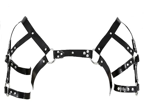 Mens Black Leather Armors Suspenders Shoulder Strap Body Chest Harness Chain Belt Adjustable Gay Punk Clubwear Costume - color: Black2