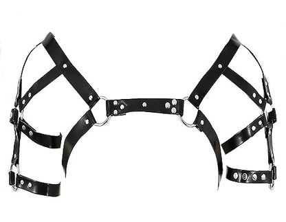 Mens Black Leather Armors Suspenders Shoulder Strap Body Chest Harness Chain Belt Adjustable Gay Punk Clubwear Costume - color: Black2