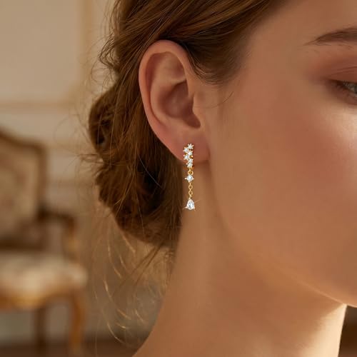 Silver CZ Dangle Earrings Hoop Leverback Drop Earrings Jewelry in Gifts Box | Hypoallergenic Elegant Cubic Zirconia Lightweight Drop Sliver /14k Gold Chain Drop Earring Jewelry for Women Daily Wear - color: Gold