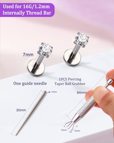 2PCS 20G/18G/16G Titanium Flat Back Nose Studs Internally Thread Cartilage Earring Studs Clear CZ Helix Tragus Earrings for Women Medusa Labret Stud Conch Piercing Jewelry Hypoallergenic - size: 1.2*7mm