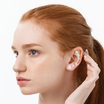 6 Pairs 925 Sterling Silver Stud Earrings Pack for Women White and Pink Cubic Zirconia Diamond Tragus Cartilage Earring Hypoallergenic Jewelry