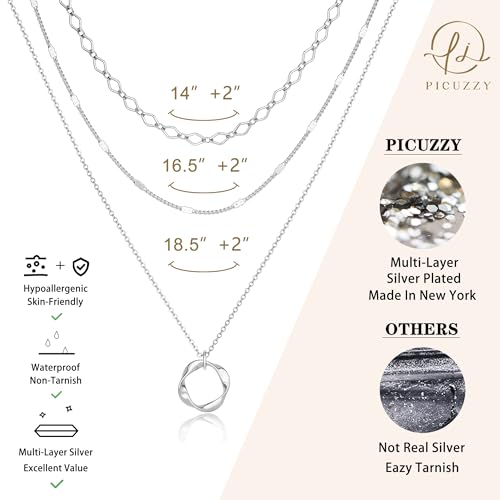 14K Gold Silver Plated Layered Necklaces for Women Trendy | Necklaces for Women Trendy, Stackable Dainty Chain Necklace, Beach Cute Fashion Pendant Choker Necklace, Jewelry Set Gifts - color: 3PCS / Twisted Circle & 2 Chains - Silver