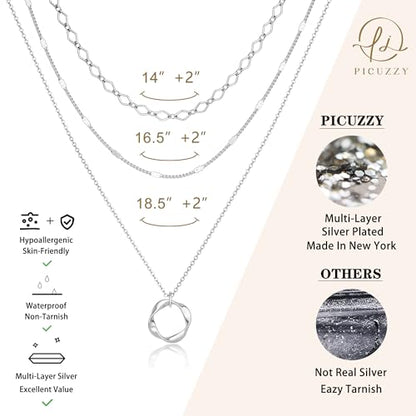 Stackable Silver Plated Layered Choker Necklaces for Women | Stacked Stacking Layering Dainty Silver Plated Necklace, Beach Circle Paperclip Pendant Chain Necklaces Trendy, Jewelry Set - color: 3PCS / Twisted Circle & 2 Chains - Silver